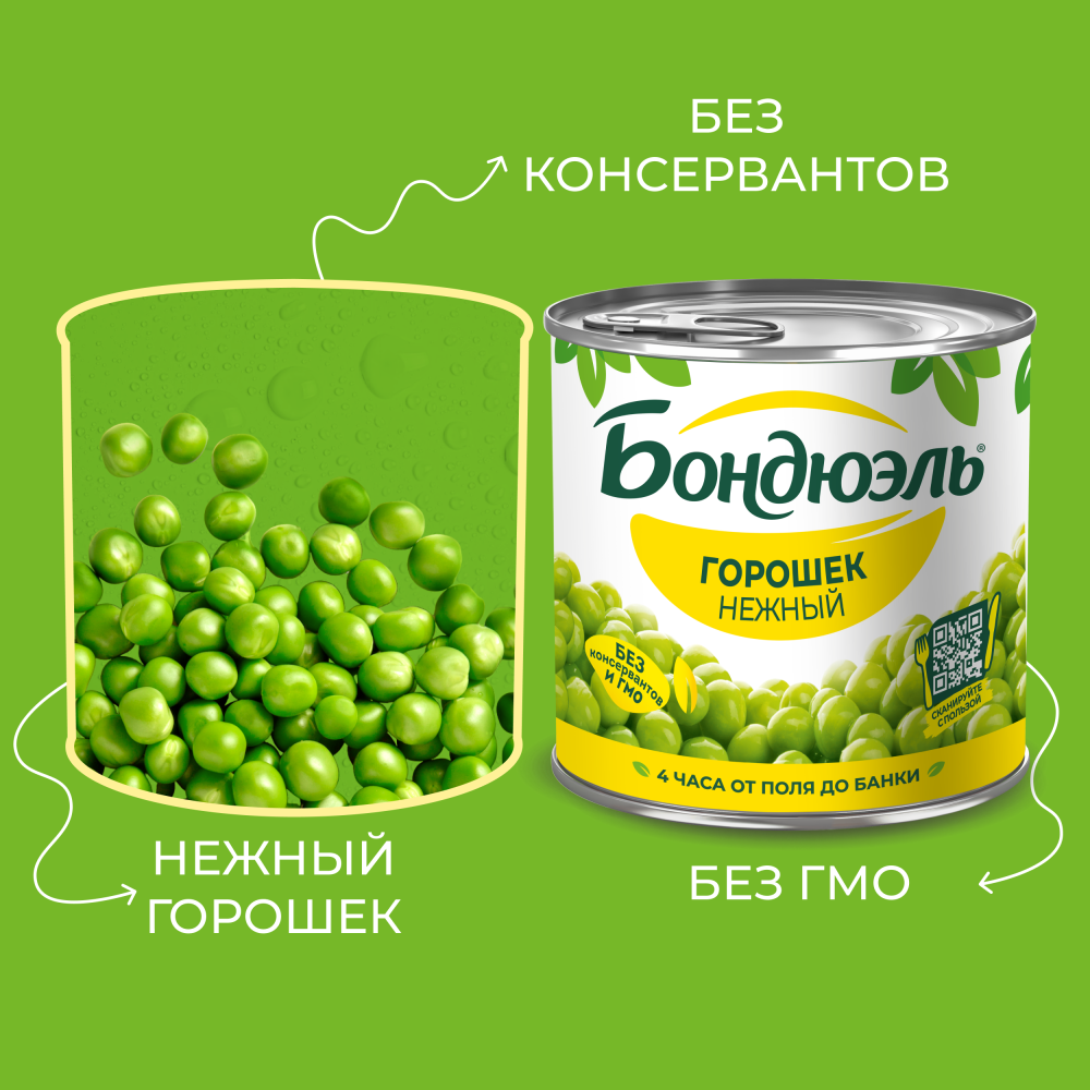 Горошек консервированный Бондюэль, нежный, 400 г